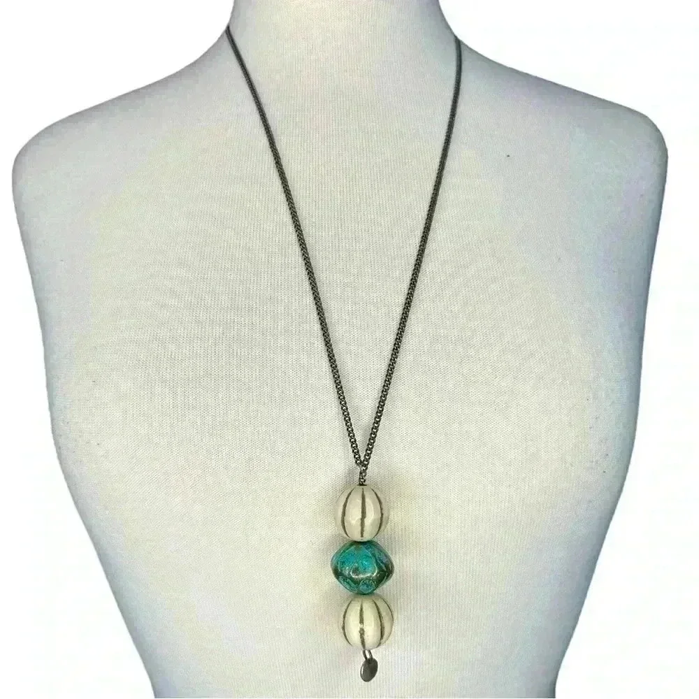 Beaded sweater necklace blue white and gold